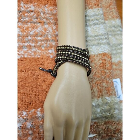 Wrap Bracelet. Set in Brown Leather with Faceted Gold Beads, 31 In - Picture 1 of 4